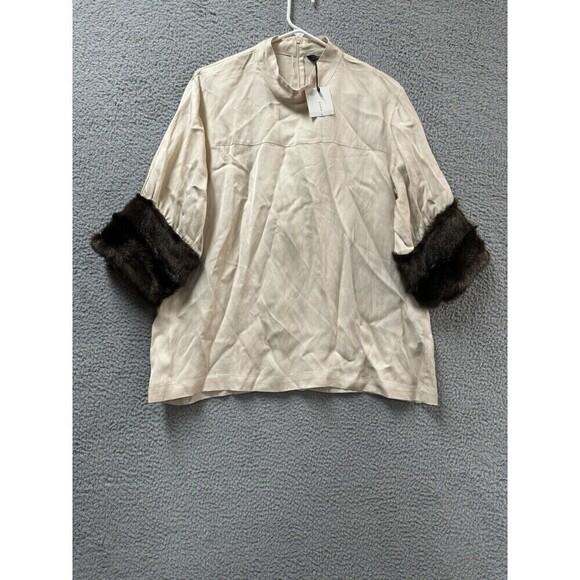 Zara Tops - Zara Women Shirt Womens XL Beige cream Blouse Fur Cuffs Mock Neck Back Zipper